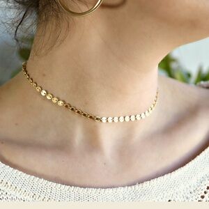 Gold Disc Sequin Choker Necklace. Adjustable 15”-17” length.